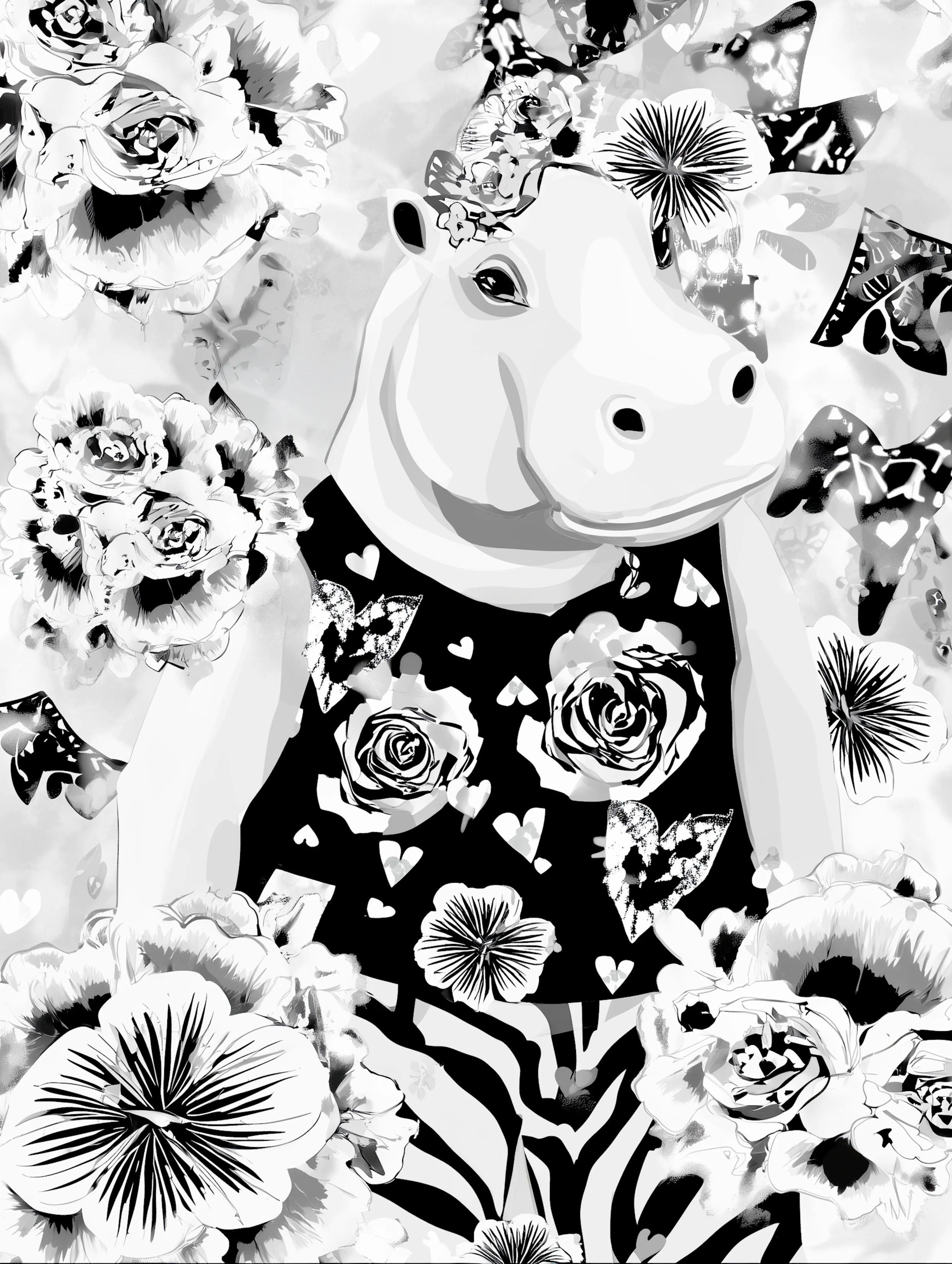 Free printable hippo coloring page featuring hippo with black shirt